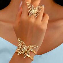 Fashionable High-End Hollow Butterfly Shaped Metal Bracelet And Ring Set, Suitable For Daily, Party, Holiday Wear - Yellow Gold - View 6