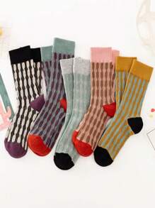 5 Pairs Retro British Style Jacquard Patterned Mid-Calf Socks, Versatile For All Seasons - Multicolor - View 2