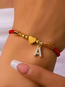 RIINHOO 1 件 18K 镀金 26 字母不锈钢锆石心形珠手工编织手链，可调节，女士配饰，节日礼物 - 紅色 - 查看 1