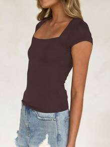 Vaiaye Damen einfarbiges gestricktes Shirt mit quadratischem Ausschnitt, sexy, schlank, Y2K, Weihnachten, Neujahr, Erntedankfest