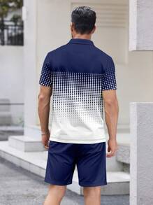 2pcs/Set Kemeja Polo dan Celana Pendek Pria Kasual Bisnis Motif Garis-garis Blok Warna, Setelan Jas - MultiWarna - View 3