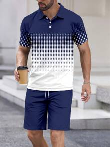 2pcs/Set Kemeja Polo dan Celana Pendek Pria Kasual Bisnis Motif Garis-garis Blok Warna, Setelan Jas - MultiWarna - View 2