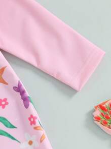 Toddler Girl Rash Guard Swimsuit Floral Print Long Sleeve Mock Neck Zipper Bathing Suit With Hat Set
