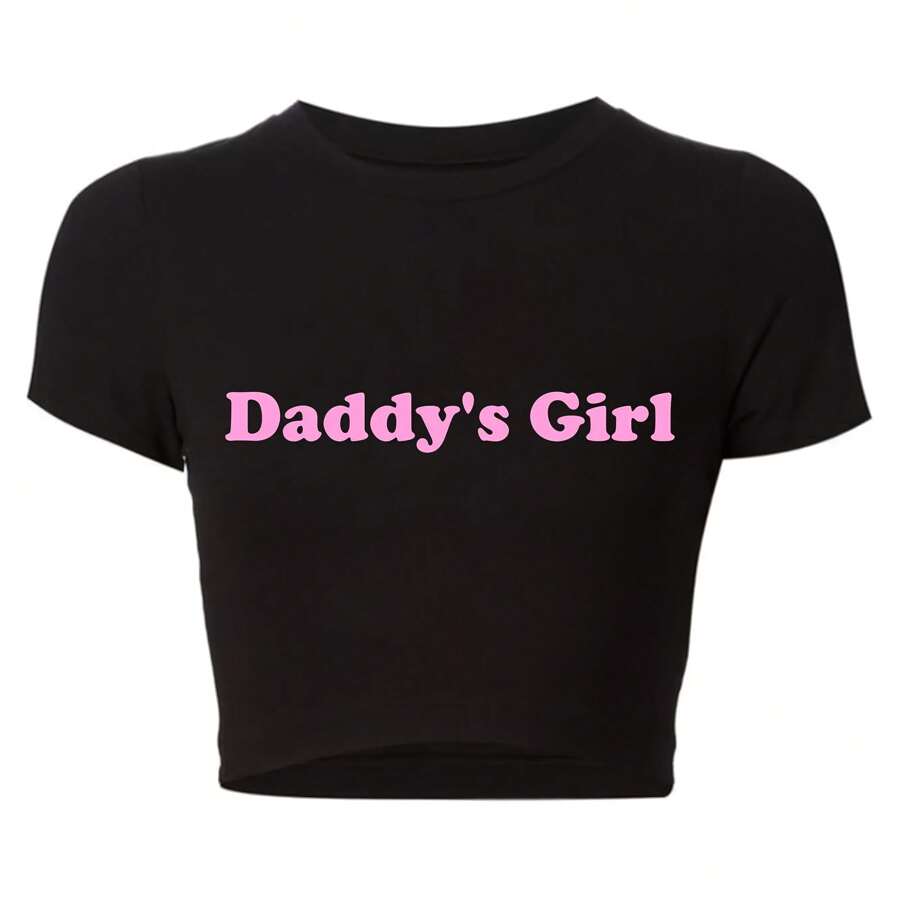 Daddy's Girl Funny Letters Print Women Cropped Top Harajuku Kawaii Clothes Polyester Grunge T Shirt Baby Tee Tshirt Dropshipping - màu đen - Xem 1
