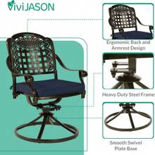 VIVIJASON 3-Piece Patio Bistro Set, Outdoor All-Weather Cast Aluminum Furniture Dining Set, Include 2 Swivel Chairs And 31" Round Table W/Umbrella Hole For Balcony, Lawn, Garden - 深古銅色/海軍藍 - 查看 5