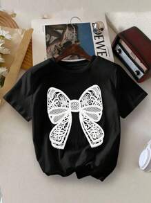 Tween Girl Bow Print Crew Neck T-Shirts Spring And Summer Girl's Casual Tee Soft Tops - Black - View 3