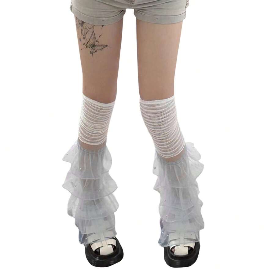 Calentadores de piernas para mujer con volantes de encaje y retazos, calcetines largos hasta el muslo, cubrebotas para ropa de calle - Azul perla - Ver 1