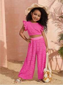 2 件套女童蕾丝无袖上衣和阔腿裤套装，休闲度假风格，夏季 - 紫色 - 查看 1