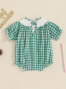 Baby Christmas Smocked Bubble Romper Plaid Santa Claus Gingerbread Embroidery Short Sleeve Crewneck Bodysuit Newborn Playsuit - 綠色 - 查看 3