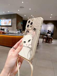 1个女孩猫咪相机装饰防震手机壳，带挂绳，兼容苹果、三星、Infinix、红米、OPPO、vivo、realme等品牌，国际版，非国内版 - 米色 - 查看 2