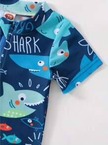 Baby Boys Rash Guard Swimsuit, Cute Shark/Tree Print Short Sleeve Zip Up Swimwear - Lake Blue - View 3