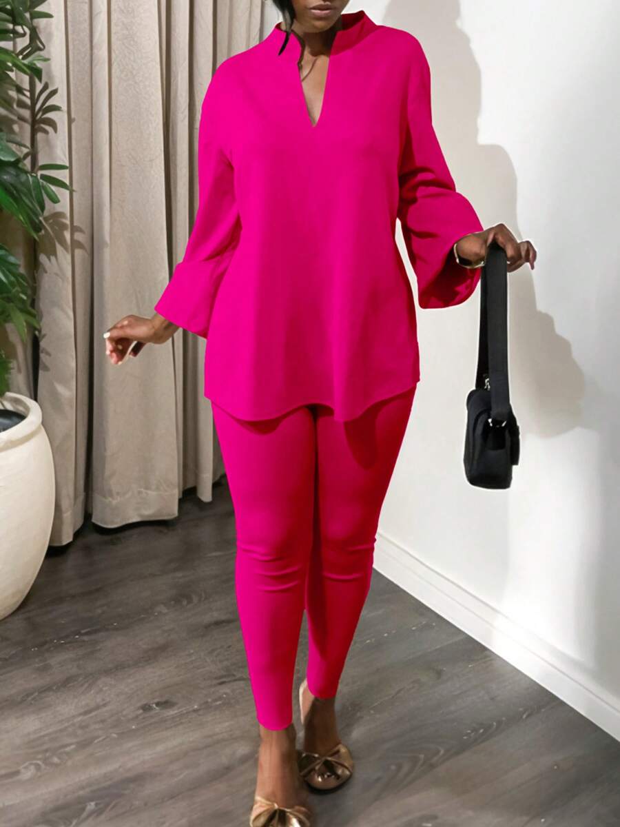 Women's Plus Size Tracksuits Outfits Solid Color V-Neck Long Sleeve Slit Hem Tops With Leggings 2 Pcs Set - Pink - View 1