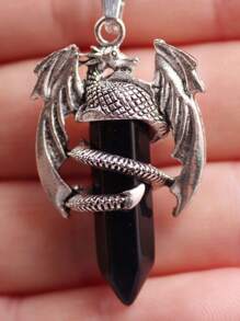 1 chiếc vòng cổ mặt dây chuyền pha lê trụ lục giác hình rồng đá thạch anh hồng đá thạch anh tím tự nhiên hình cánh động vật đá Aventurine xanh pha lê trắng đá đen - rồng bay - Xem 3