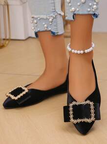 Plus Size 35-45 Spring-Autumn New Fashion Colorful Canvas Pointed Toe Flat Mule Slip-On Shoes, Stylish Casual Wear With Dresses - Black Gold Velvet-square Wreath Buckle - View 5