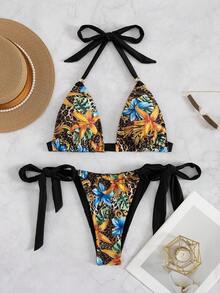 Set de 2 piezas Nuevo bikini de mujer con estampado floral tipo halter, estilo europeo y americano, para vacaciones de verano en la playa