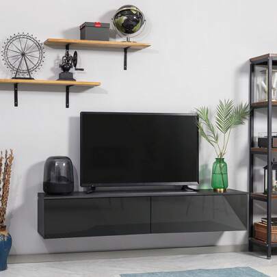  HOMCOM 160cm High Gloss Floating TV Unit Stand For TVs Up To 70", Wall Mounted TV Cabinet With Storage Cupboards, Grey And Black