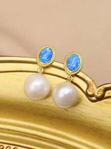 Stylever 1 对时尚珍珠吊坠耳钉，女士 S925 纯银精美珠宝，适合日常佩戴，百搭，可搭配各种服装，非常适合约会和派对装饰 - 金色 - 查看 4