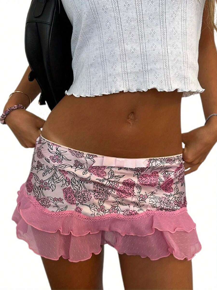 Women's Ruffle Mini Skirts Casual Low Waist Bow Front A-Line Skirts Cute Summer Skirts - 花色 - 查看 1
