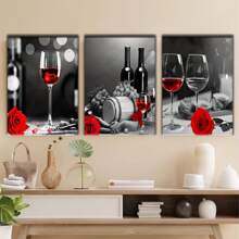 3-Piece Retro Wine And Rose Canvas Art Set - High Definition Printing, Wooden Frame Wall Decoration, Suitable For Bar, Kitchen, And Home Aesthetics - Inside Framed Wrapped Canvas - View 6