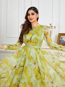 女式立领随机花卉印花，珍珠饰边袖口，系腰带优雅长袖连衣裙，奶油黄色 - 黃色 - 查看 6