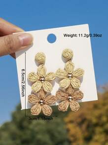 OOQ 1 Pair Handmade Woven Raffia Gradient Color Flower Design Earrings, Boho Summer Style, Minimalist High-End Floral Tassel Earrings Suitable For Women Daily, Holiday, Party Wear - Khaki - View 5