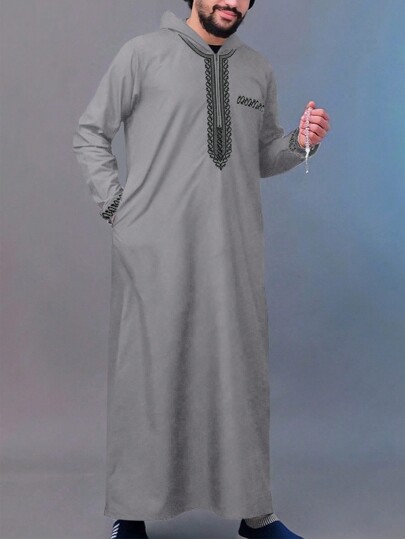 New Loose Hooded Robe For Men, Luxury Men's Embroidered Long Sleeve Muslim Wear Robe, Middle Eastern Traditional Men's Robe