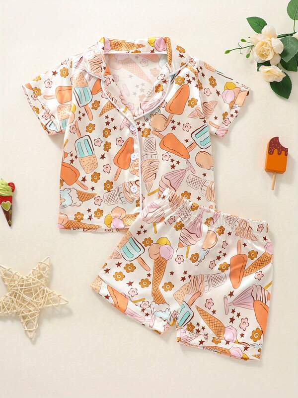 Toddler Boys Girls Summer Outfit Sets Short Sleeve Lapel Button Shirt + Ice Cream/Dinosaur Print Shorts