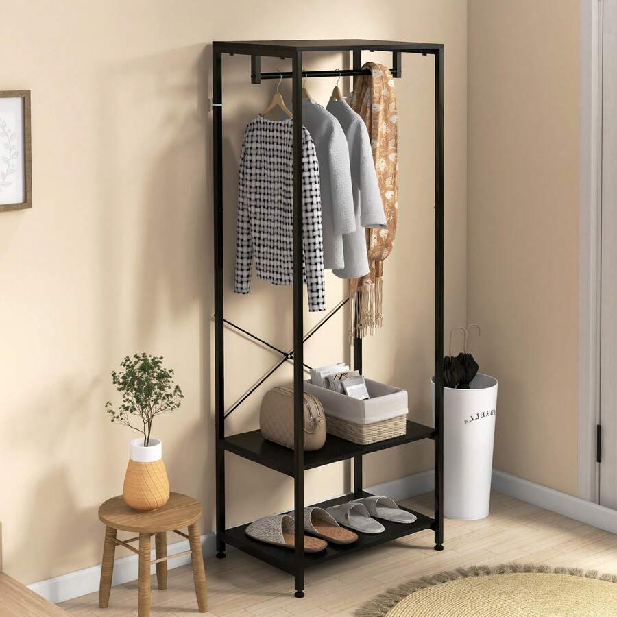 HOMCOM Coat Rack, 2-In-1 Clothes Stand With Shoe Storage, 168cm Free Standing Hall Tree With Hanging Rail And 2 Storage Shelves For Hallway, Entryway, Bedroom, Black - Black - View 1