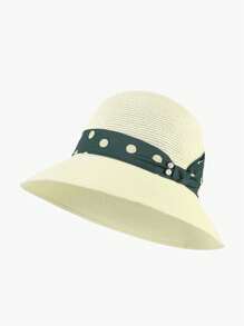 LEAJOURNO. 1pc Elegant Rolled Brim Wide Brim Polka Dot Sun Hat, Women Summer Sunscreen Sun Protection Hat - Black - View 2