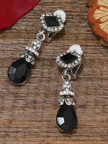 1 Pair Vintage Bohemian Waterdrop Pendant Clip On Earrings For Women, Versatile Fashion Bridal Jewelry Accessory Gift For Daily Wear, Spring