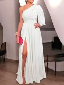 Elegant Quality Lady Dress With Bare Leg Solid Color Ideal For Parties, Weddings Or Office - 白色 - 查看 3