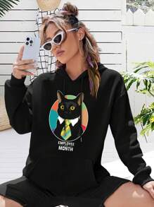 Women's Business Cat Employee Of The Month Hoodie T-Shirt - Black - View 1