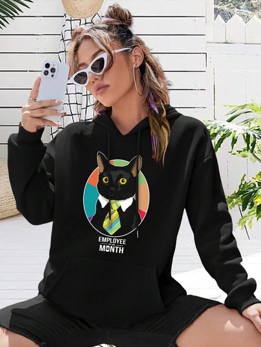 Women's Business Cat Employee Of The Month Hoodie T-Shirt - Black - View 1