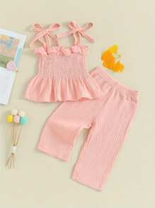 Toddler Baby Girl Summer Clothes Cotton Linen Sleeveless Ruffle Smocked Strap Top Lace Pants 2Pcs Outfit - 粉色 - 查看 1