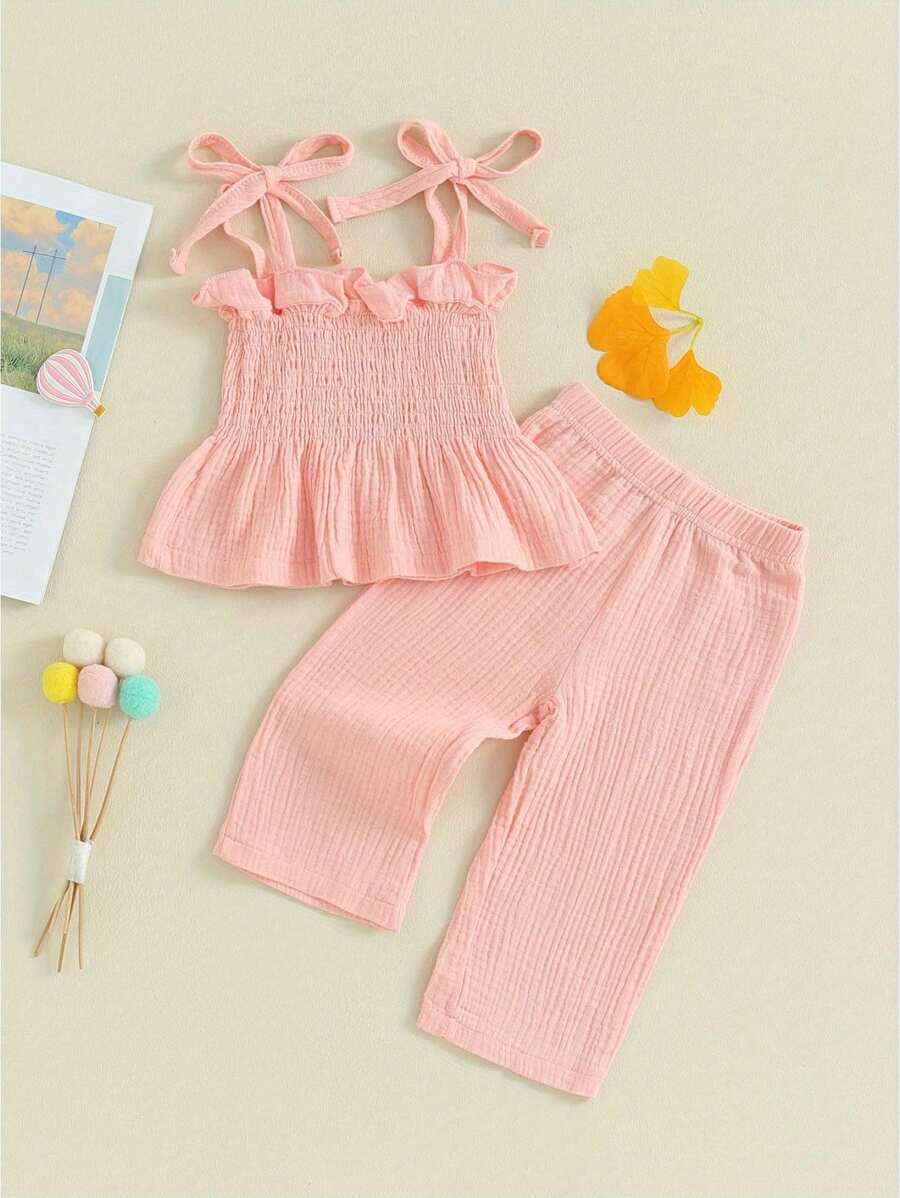 Toddler Baby Girl Summer Clothes Cotton Linen Sleeveless Ruffle Smocked Strap Top Lace Pants 2Pcs Outfit - 粉色 - 查看 1