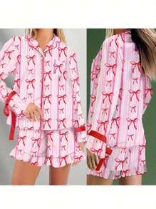 Women Matching Pajamas Bow Stripe Print Button Down Long Sleeve Lapel Tops Shorts Family Summer Sleepwear