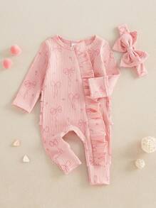 Baby Girl Spring Fall Winter Clothes Newborn Baby Girl Hospital Going Home Outfit Ribbed Footed Romper Bow Print Long Sleeve Full Length Ruffle Zipper Footie Jumpsuit Headband - Pink - View 5