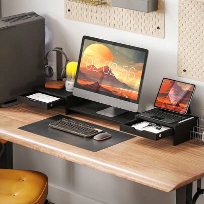  HOMCOM Dual Monitor Stand Riser With 2 Drawers, Adjustable Length And Angle, 116cm Monitor Riser For Laptop, Computer, PC, Small Printer, Black