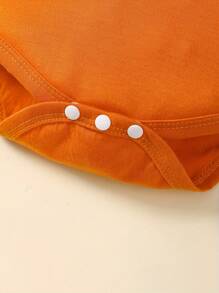 Baby Girl Peach Outfit, Letter Print Long Sleeve Romper Elastic Waist Flare Pants Tie Headband 3 Piece Set For Fall - Orange - View 6