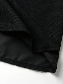 EARO 休闲百搭街头风格灯芯绒高腰 A 字开衩裙，松紧腰身修身设计，时尚优雅，适合秋冬 - 黑色 - 查看 7