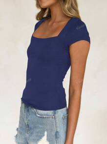 Vaiaye Women's Summer Solid Knitted Square Neck Sexy Slim Fit Y2K Cropped Waist T-Shirt