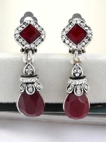 1 Pair Vintage Bohemian Waterdrop Pendant Clip On Earrings For Women, Versatile Fashion Bridal Jewelry Accessory Gift For Daily Wear, Spring