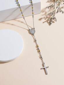 1pc 4mm Stainless Steel Beaded Chain & European/american Style Cross Pendant Structured Necklace For Women Daily Wear