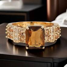 Nhẫn đồng mạ vàng 14K thanh lịch, khảm Cubic Zirconia sáng bóng, thiết kế hình vuông - Hoàn hảo cho đám cưới, đính hôn, kỷ niệm, quà tặng ngày lễ tình nhân, phong cách sang trọng, phụ kiện tiệc tùng, mẹ, mẹ, ngày của mẹ, quà tặng - Rượu sâm banh - Xem 2