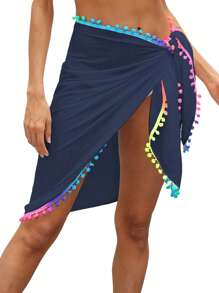 Women's Beach Sarong Coverups Short Bathing Suit Wrap Skirt Beach Wrap Swimsuit Cover Ups With Colorful Tassel - 藏青色 - 查看 1
