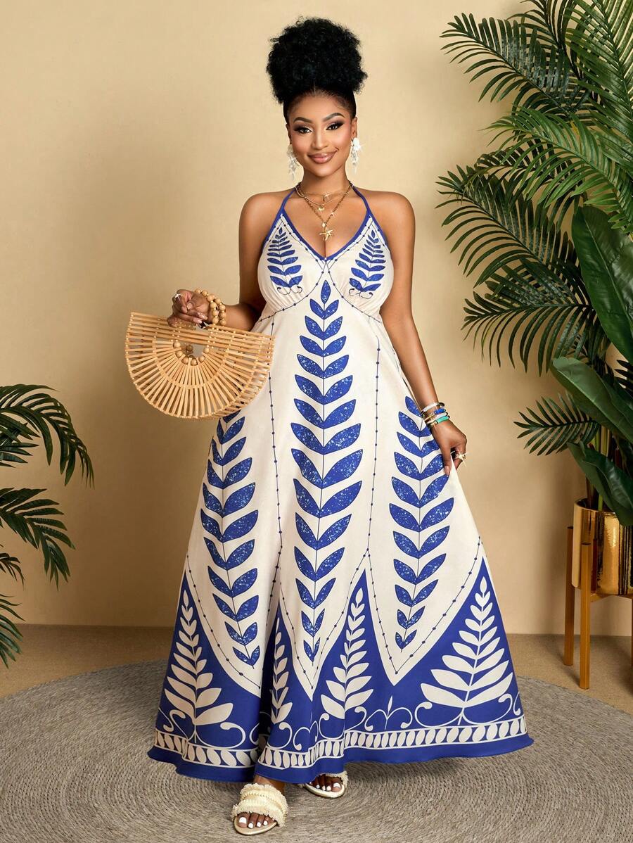 BIUBIU Sukienka wakacyjna damska w dużym rozmiarze na wiosnę i lato w kolorze tropikalnego niebieskiego nadruku z odkrytymi ramionami - spacery nad morzem, emanująca czarującym urokiem, odpowiednia na wakacje i wypoczynek, kluczowe elementy mody - Niebieska morela - Zobacz 1