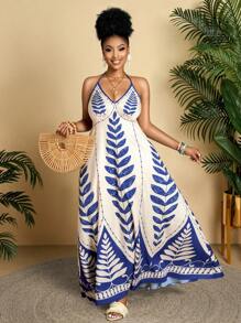 BIUBIU Sukienka wakacyjna damska w dużym rozmiarze na wiosnę i lato w kolorze tropikalnego niebieskiego nadruku z odkrytymi ramionami - spacery nad morzem, emanująca czarującym urokiem, odpowiednia na wakacje i wypoczynek, kluczowe elementy mody - Niebieska morela - Zobacz 5