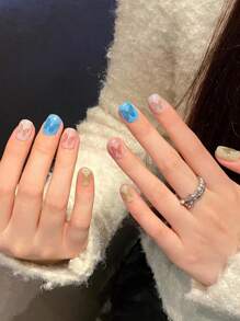 10 Pcs Luxury Handmade Press On Nails Short Oval False Nails Blue Light Dream Design False Nails With 3-PIECE Tool Adhesive Nail Glue Tabs Suitable For Girls And Ladies In Their Daily Work And Life. - Multicolor - View 3