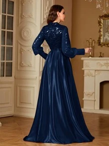 hezixi Contrast Sequins Satin Organza Long Sleeve V-Neck Maxi A-Line Formal Evening Gown Maxi Dress, Party Dress, Wedding Guest Dress - Navy Blue - View 3
