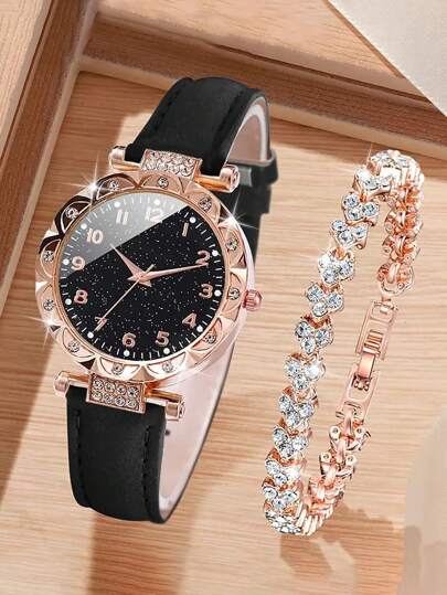 2pcs Fashion Minimalist Rhinestones Embedded Floral Dial Black Numeral Quartz Watch With Heart Shaped Rhinestone Bracelet, Gift For Children, Versatile Item